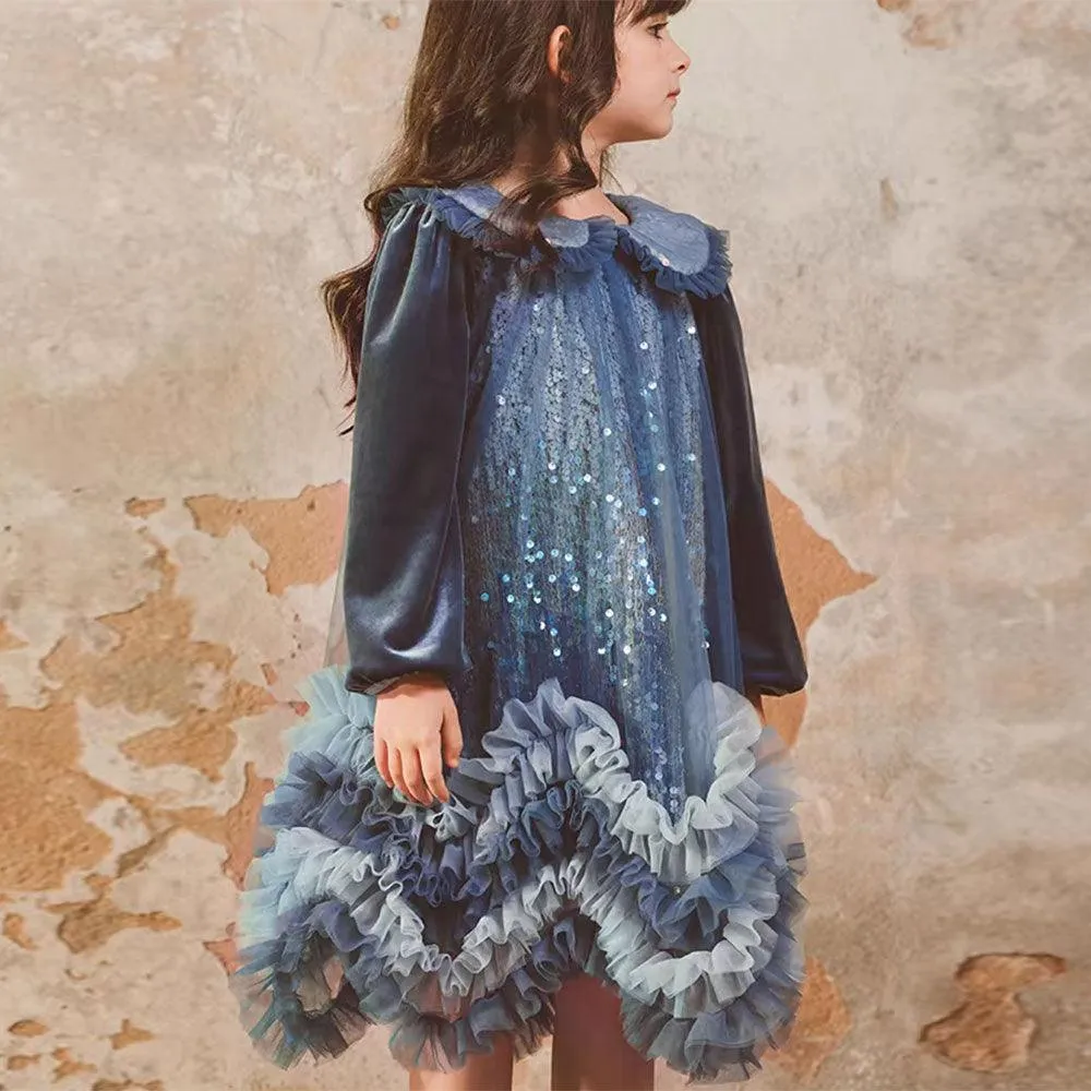 Sparkling Fairy Tale Princess Dress Blue Dream Girls' Dress Elegant Velvet Girls' Dress