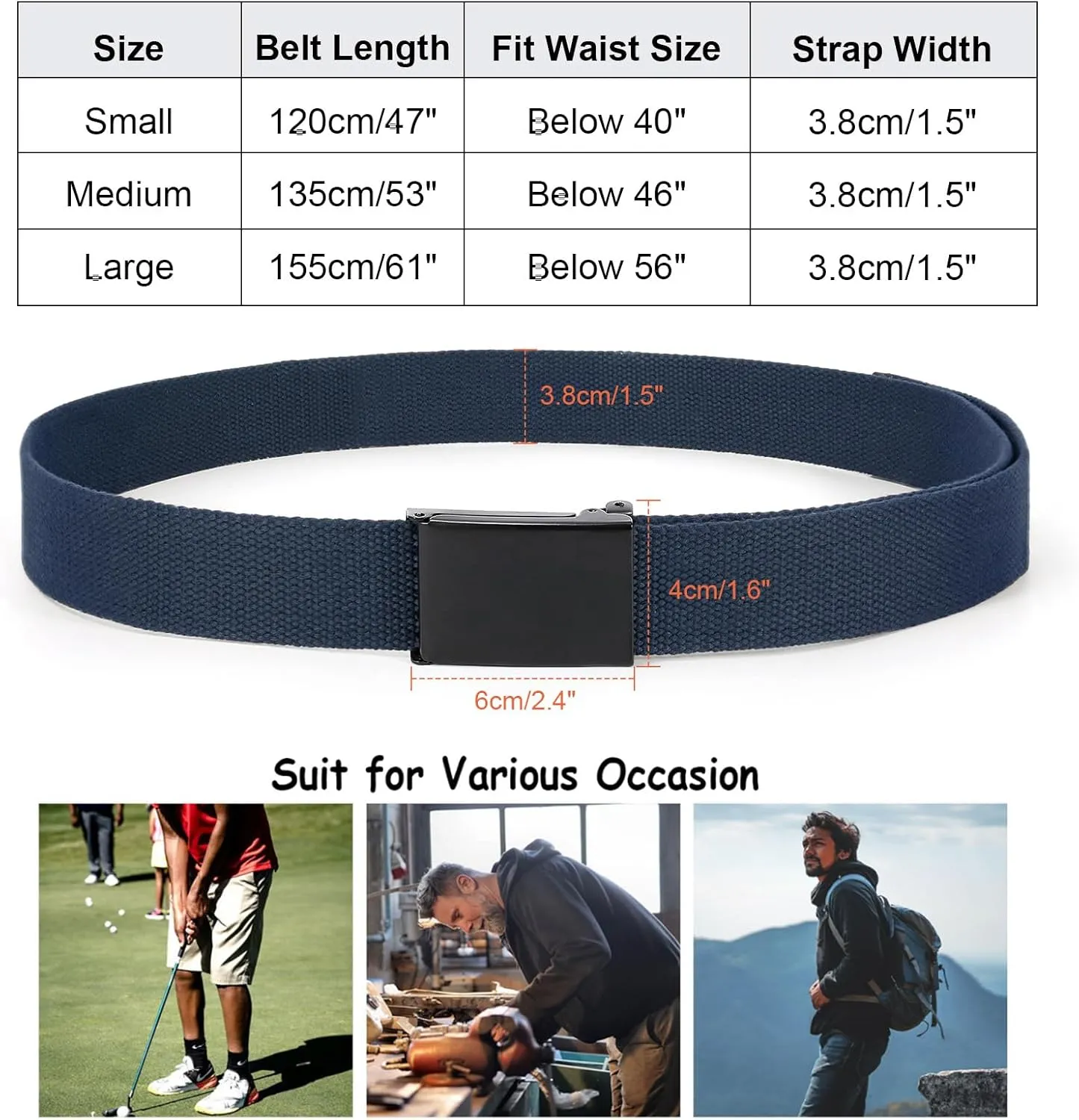 WHIPPY Canvas Web Belt Flip-Top Solid Black Military Buckle Fully Adjustable Mens Webbing Belts Cut To Fit