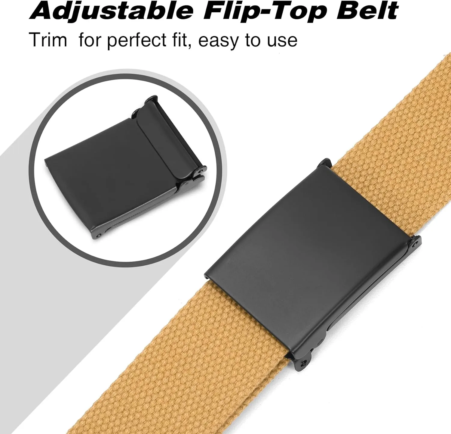 WHIPPY Canvas Web Belt Flip-Top Solid Black Military Buckle Fully Adjustable Mens Webbing Belts Cut To Fit