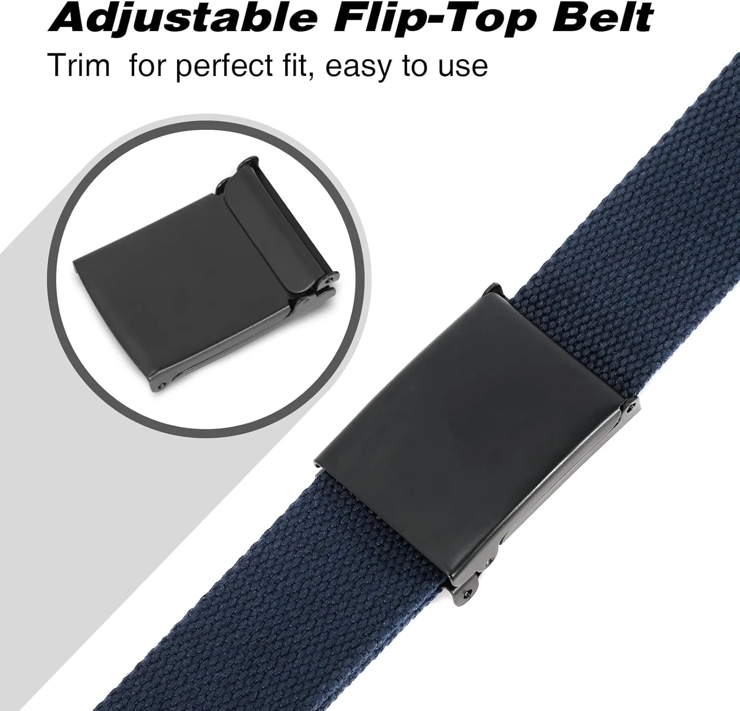 WHIPPY Canvas Web Belt Flip-Top Solid Black Military Buckle Fully Adjustable Mens Webbing Belts Cut To Fit