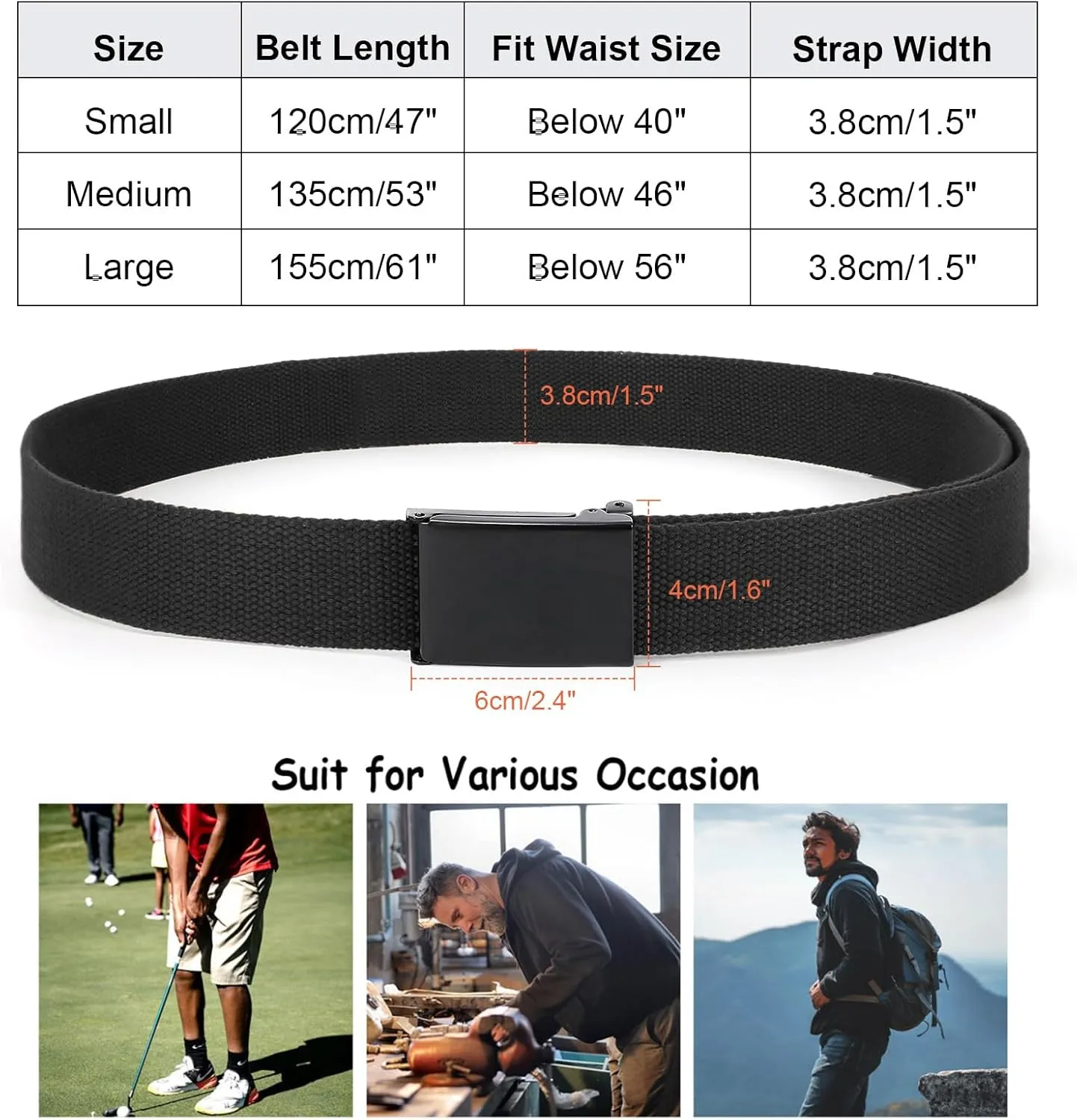 WHIPPY Canvas Web Belt Flip-Top Solid Black Military Buckle Fully Adjustable Mens Webbing Belts Cut To Fit