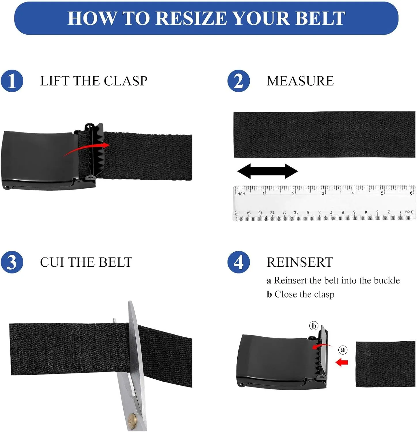 WHIPPY Canvas Web Belt Flip-Top Solid Black Military Buckle Fully Adjustable Mens Webbing Belts Cut To Fit