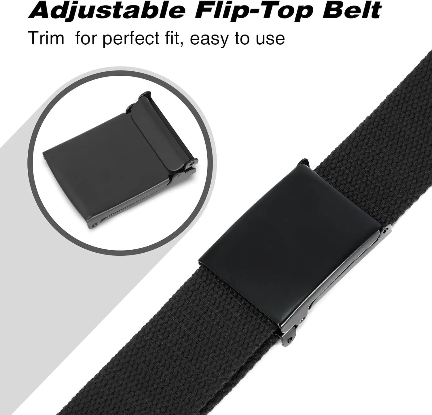 WHIPPY Canvas Web Belt Flip-Top Solid Black Military Buckle Fully Adjustable Mens Webbing Belts Cut To Fit